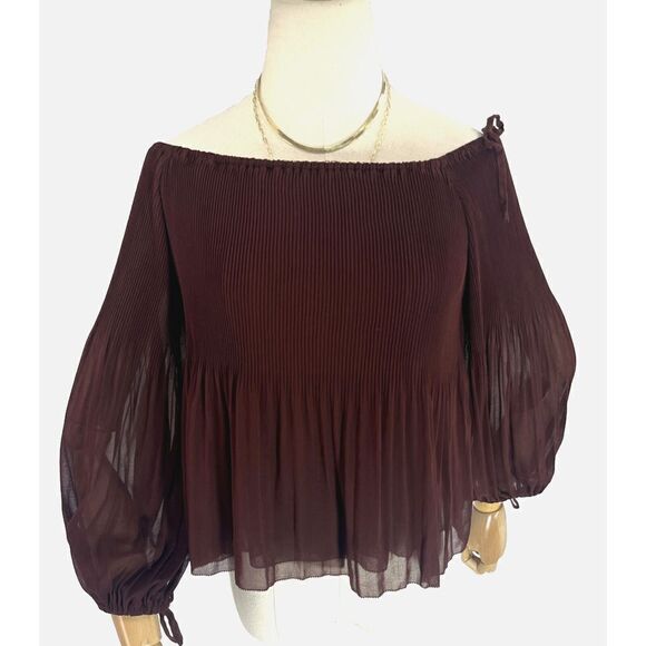 Wilfred Aritzia Chiffon Blouse Top XS Off The Shoulder Pleated Rust Brown - Picture 3 of 14